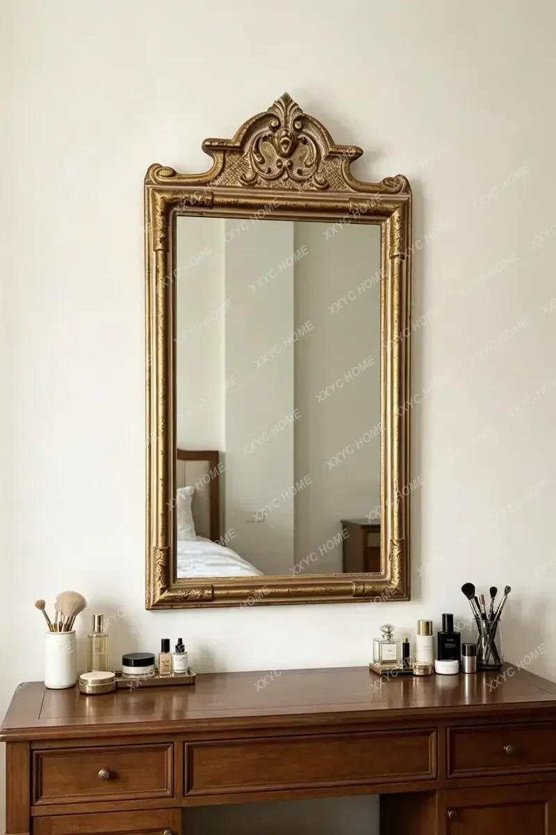 retro carved rectangular vanity mirror  light luxury decorative mirror household vanity table