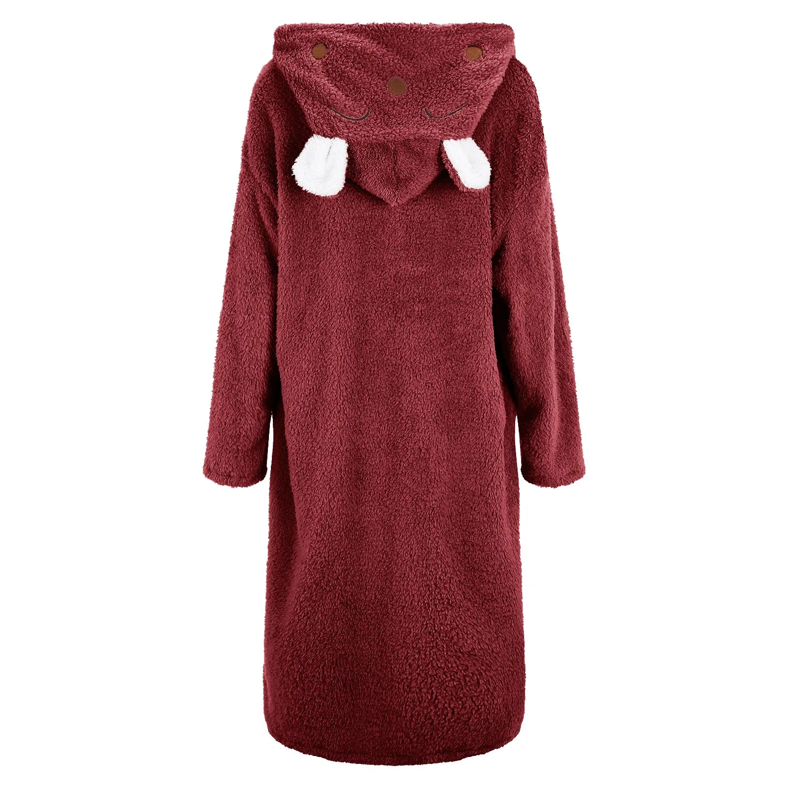 Women Long Warm Bathrobe Fluffy Fleece Thermal Bath Robe Winter Dressing Gown Sleepwear Plus Size Ear Hooded Flannel Bathrobe