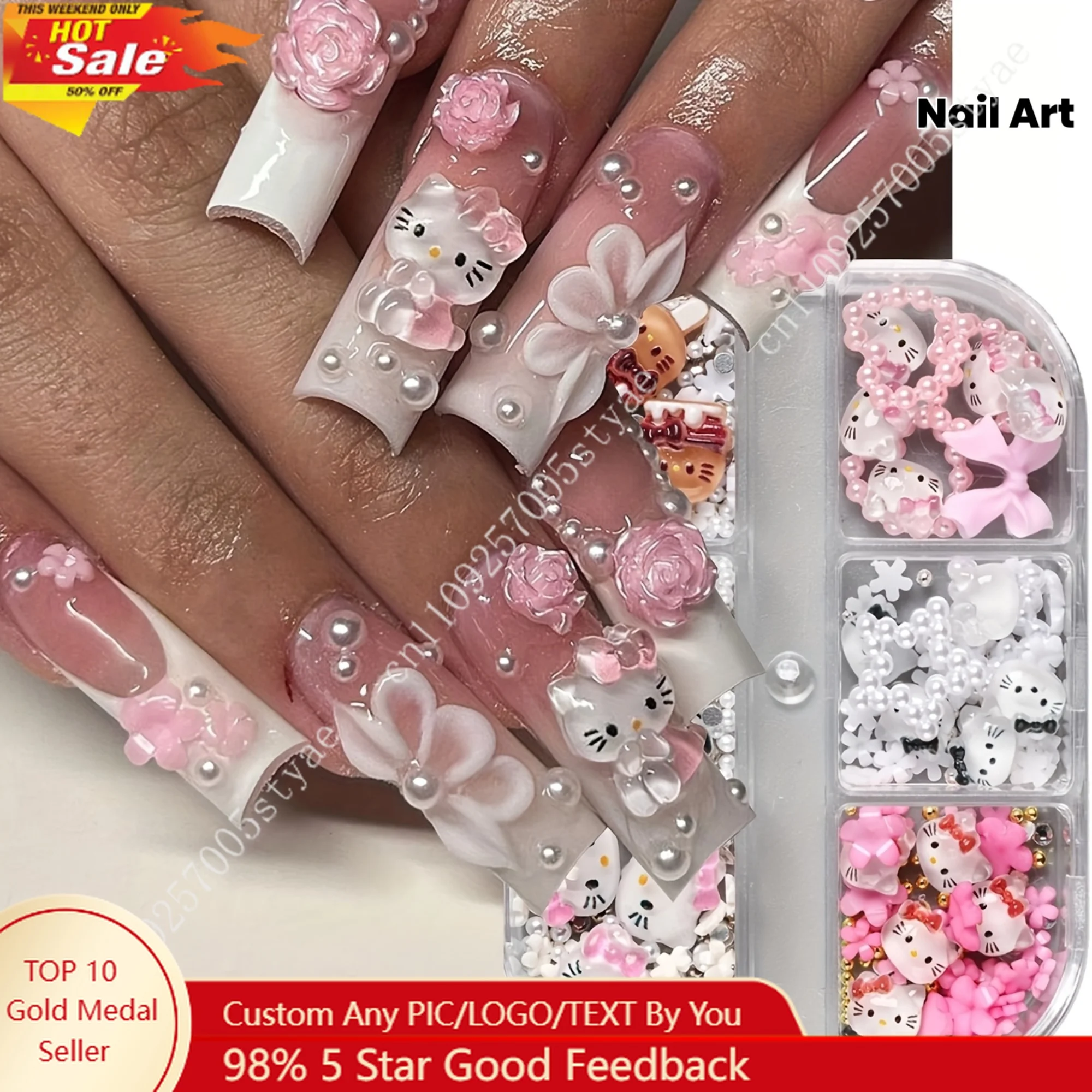 

Hellokitty Bowknot Nail Art Charms Set Each Box 6 Girds 3D Cartoon Cute Nail Rhinestones Resin Decorations Nail 3D Bow and Heart
