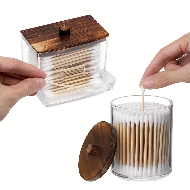 3pcs Swabs Holder Bathroom Container, Storage Box Cotton Ball/Swabs Dispenser, Apothecary Jar Organizer for Storage Wood Lids