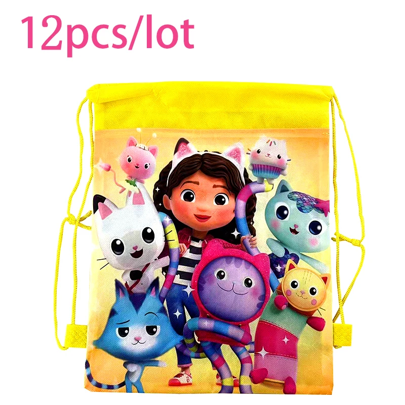 

12pcs/Lot Gabby Theme Mochila Happy Birthday Party Non-woven Fabrics Kids Girls Favors Drawstring Gifts Bags