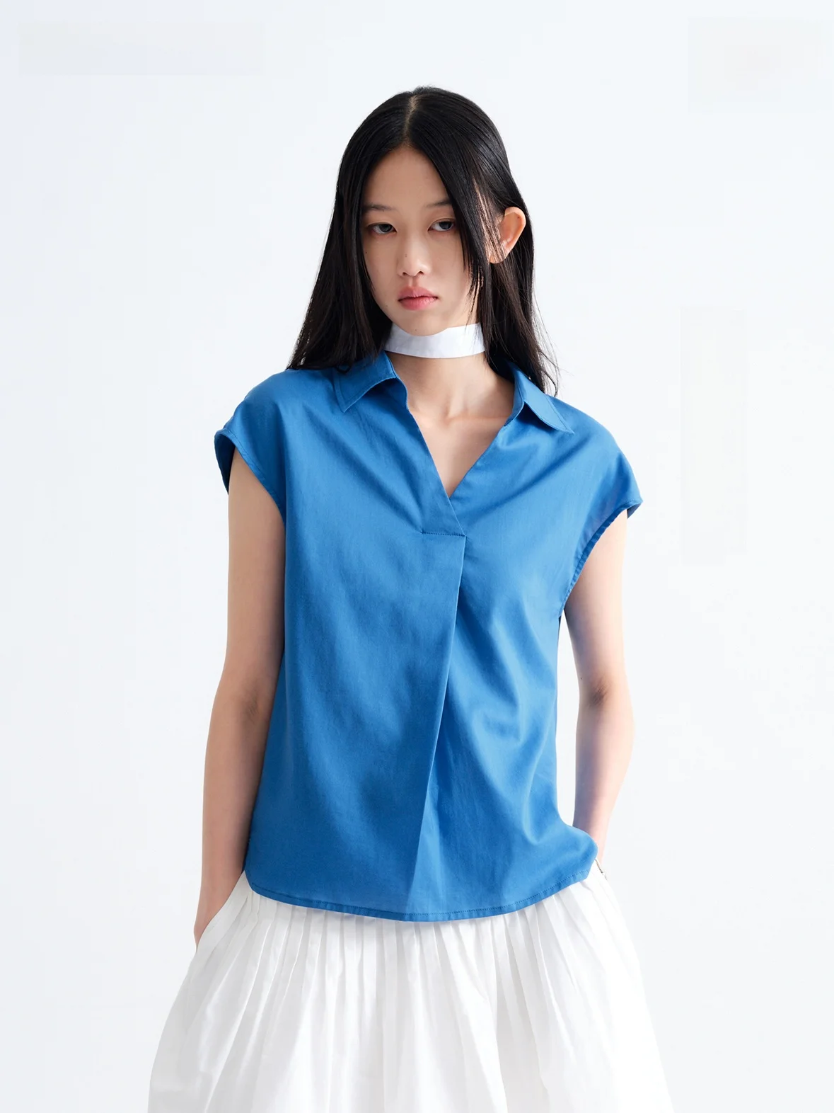 

Женская классическая синяя рубашка Dosordonts Весна 2026 с рукавами-крылышками и воротником-стойкой, из нежного хлопка, мягкая и дышащая