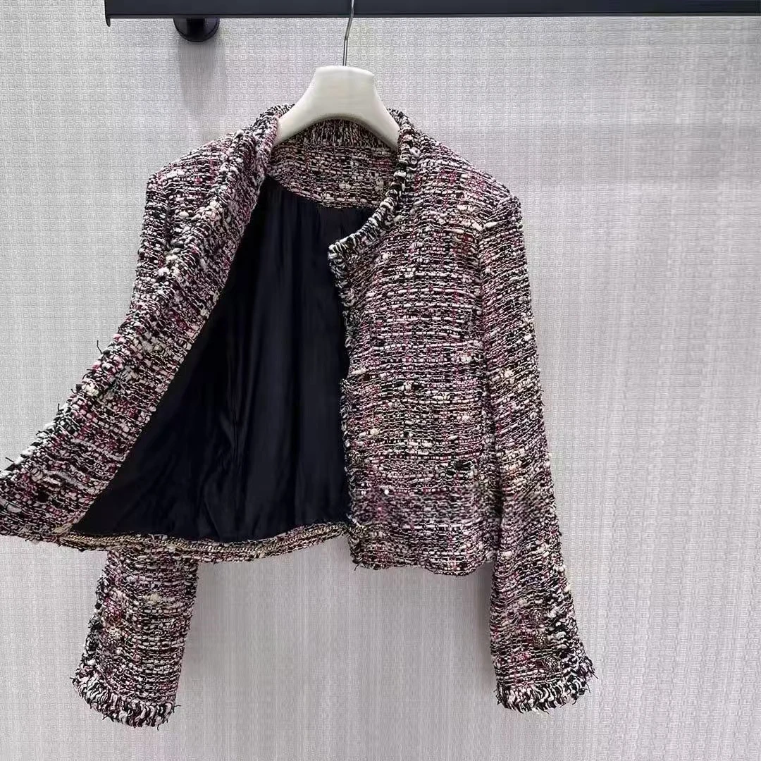 2026 New Fall Winter Fashion Vintage Crochet Tweed Jacket Women O-neck Long Sleeve Luxury Gold Buttons Chic Coat