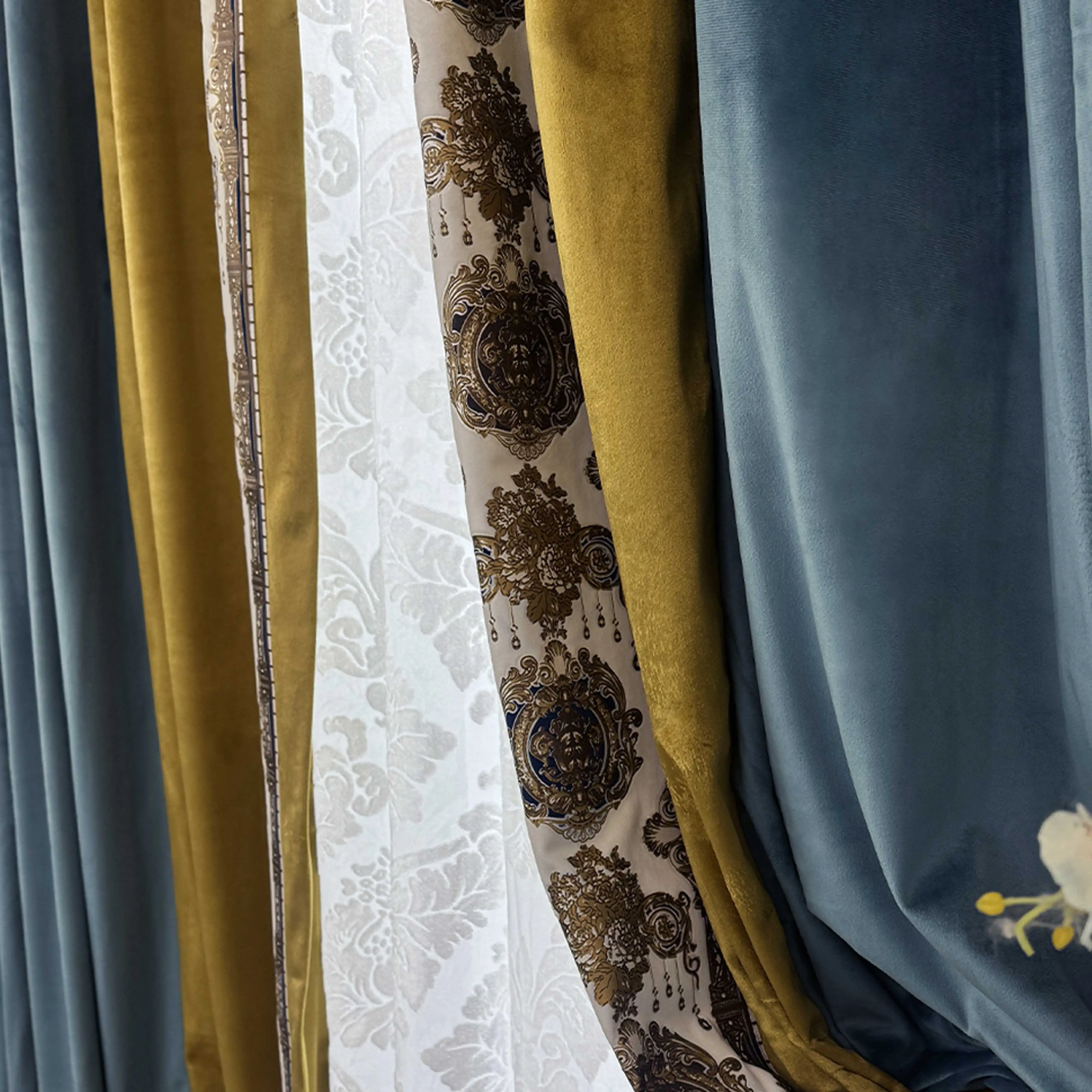 

Роскошные европейские толстые бархатные ретро кружевные шторы для гостиной с вышивкой синего и желтого цвета, затемняющие шторы, тюлевая драпировка M1782