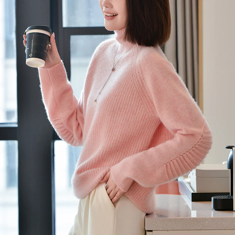 Jesień/zima nowy 100% czysty wełniany sweter damski Casual dzianinowe topy damskie z golfem pogrubiony sweter luźna odzież kaszmirowa