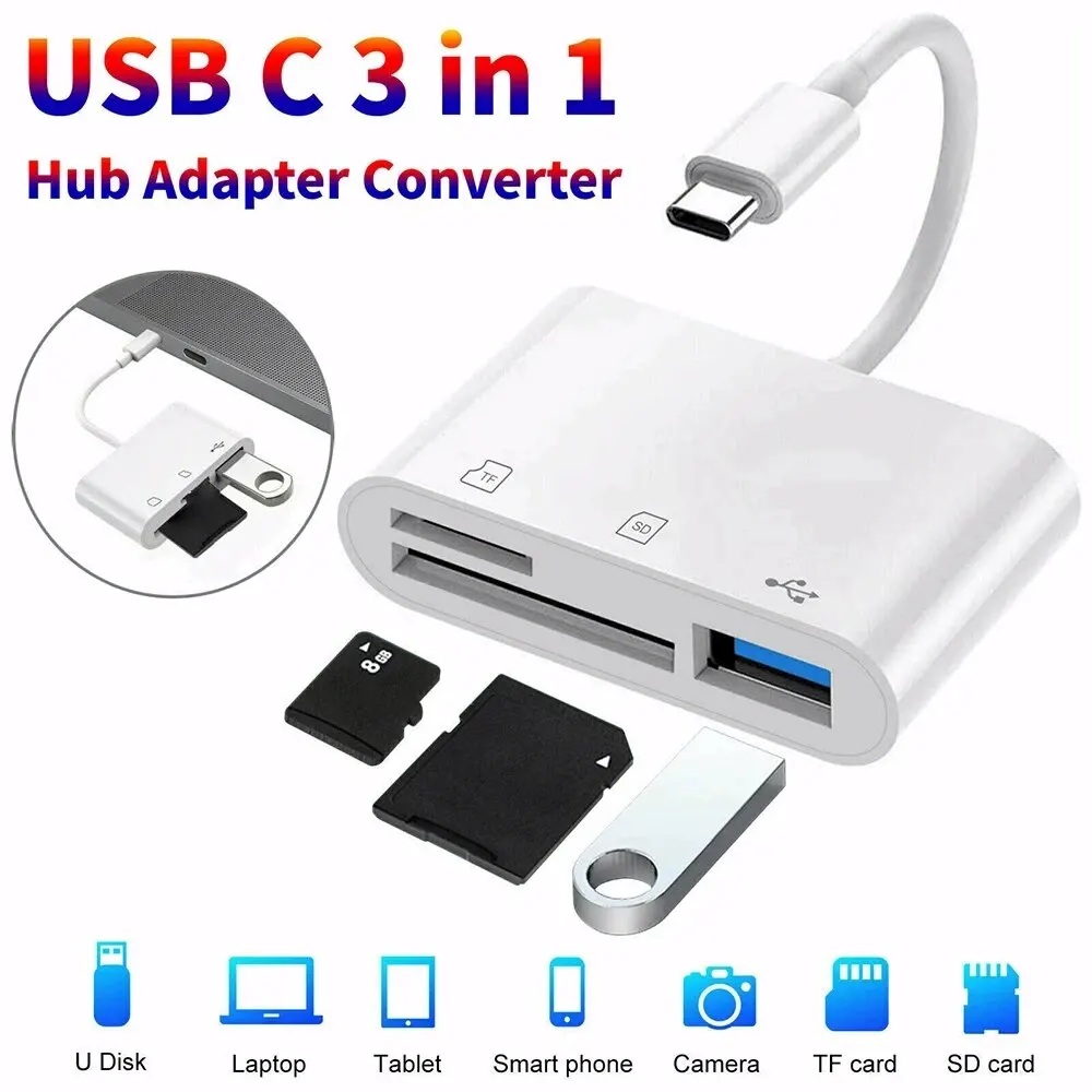 محول 3 في 1 من النوع C لقارئ بطاقات الذاكرة TF CF SD المتوافق مع USB C Huawei Macbook Pro والأجهزة الأخرى