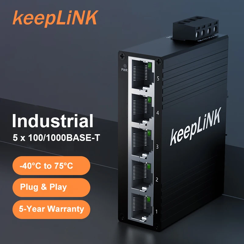 KeepLiNK Industrial 5-Port Gigabit Unmanaged Ethernet Switch 10/100/1000BASE-T IP40 Aluminum