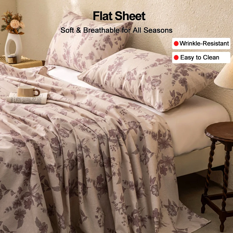 

Soft Breathable Blend Flat Sheet, Purple Floral Print Bed Sheet, All Season Comfort Bedding Top Sheet for Single/Double/King