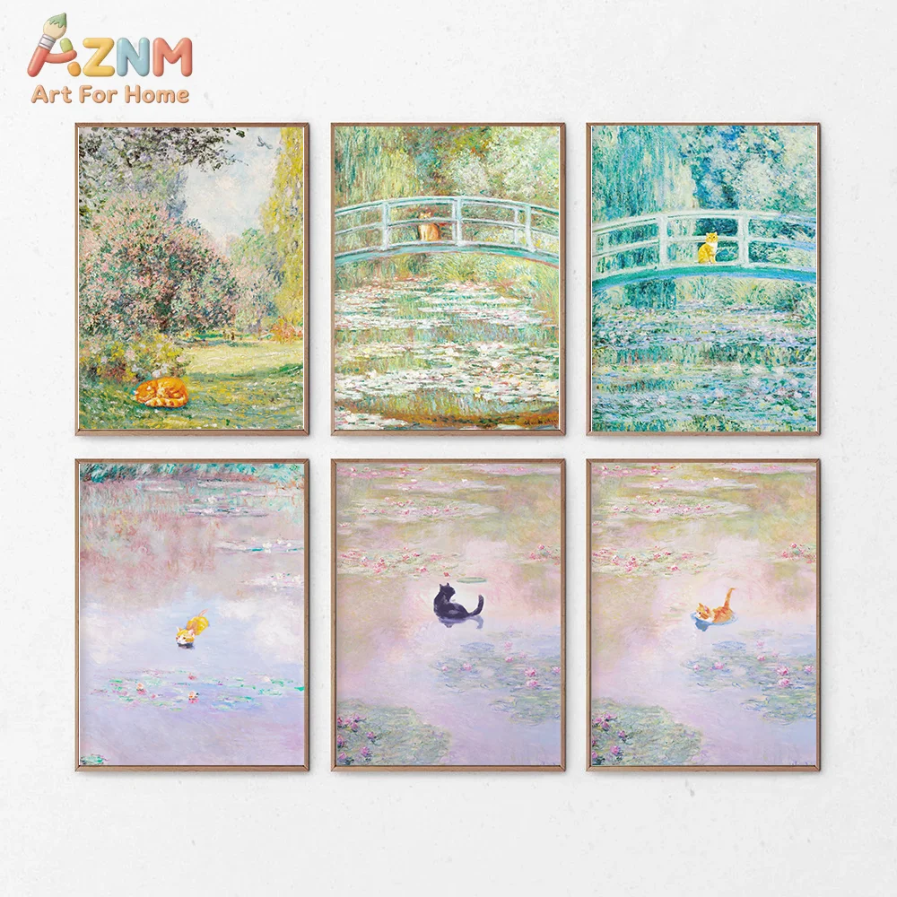 aznM Monet Waterlily Garden Cat Canvas Wall Art, Impressionist Lily Pond & Japanese Bridge with Cat Single Unframed Canvas Print
