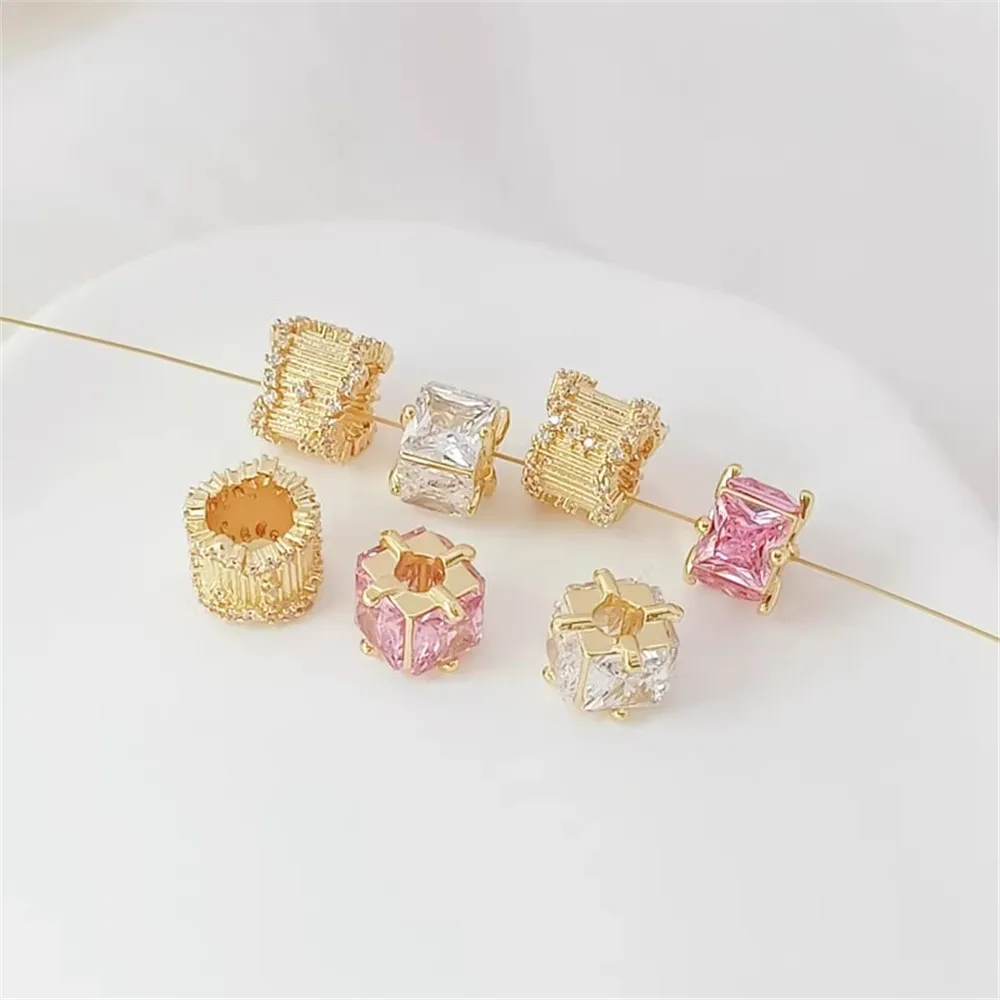 

14K Gold-encrusted Square Bucket Beads, Starry Sky Zircon Large Hole Spacer Beads, DIY Handmade Bracelet, Necklace and Beading
