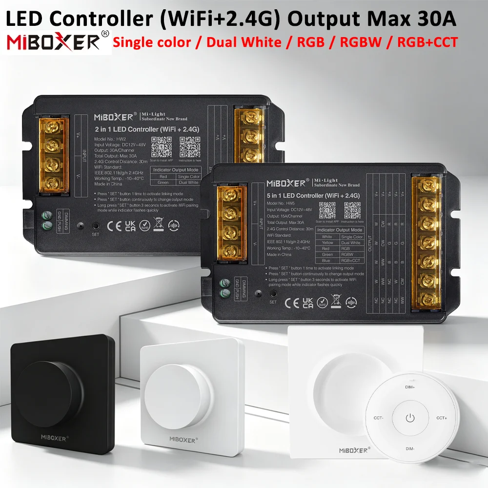 Miboxer HW2 2IN1 HW5 5IN1 2.4GHz WiFi+RF Controller Large Current Max 30A for Single Color/Dual White/RGB/RGBW/RGB+CCT Led Strip