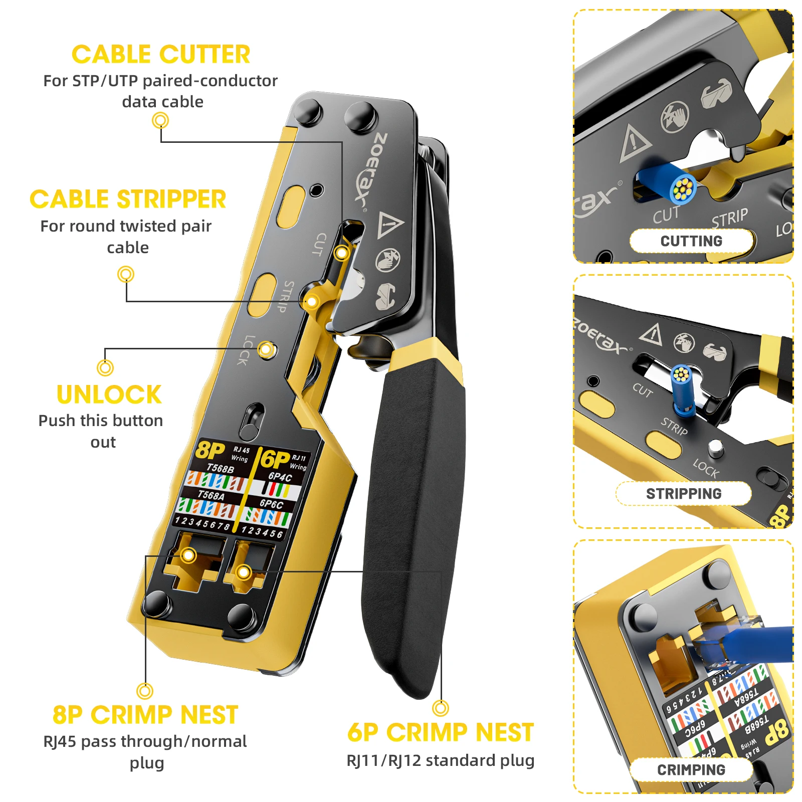 ZoeRax RJ45 Crimp Tool Pass Through Ethernet Crimping Tool for Cat6 Cat5 Cat5e RJ45 Connectors with Replacement Blade