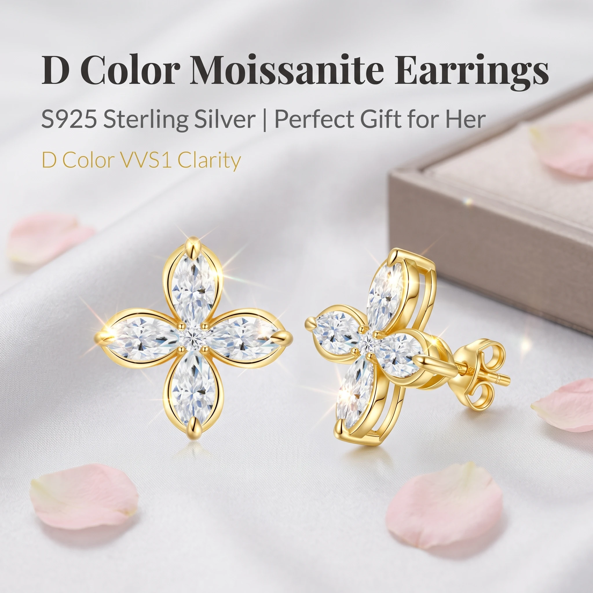925 Sterling Silver 18K Gold Plated Four Leaf Clover Stud Earrings Marquise Cut D Color Moissanite Earrings GRA Certified Luxury