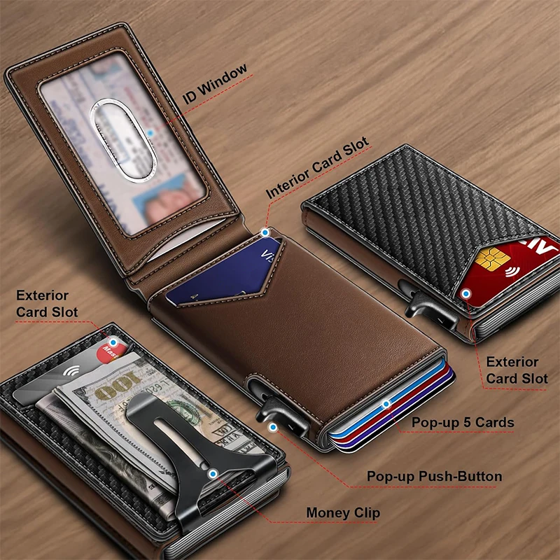 Men's Card Bag Ultra-Thin Flip Leather Wallet With Clip RFID Anti-theft Brush Large Capacity Fashionable Aluminum Box Wallet