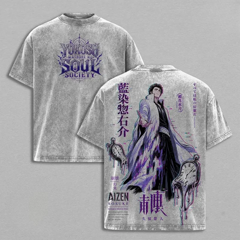 Hot Anime BLEACH Aizen Sousuke Print T-shirt Men Women Tshirts Short Sleeve Cotton Clothing Retro Washed T Shirt Harajuku Tops