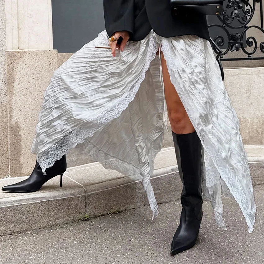Linad-faldas asimétricas blancas sexis con abertura para mujer, falda larga elegante bordada de cintura alta, faldas de encaje elegantes de calle para otoño 2025