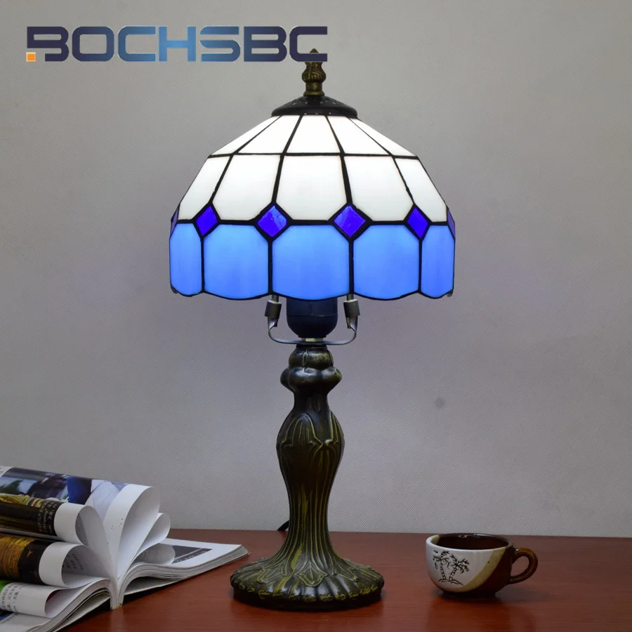 BOCHSBC Tiffany stained glass desk lamp Mediterranean style blue lattice art deco living room study children's room reading lamp