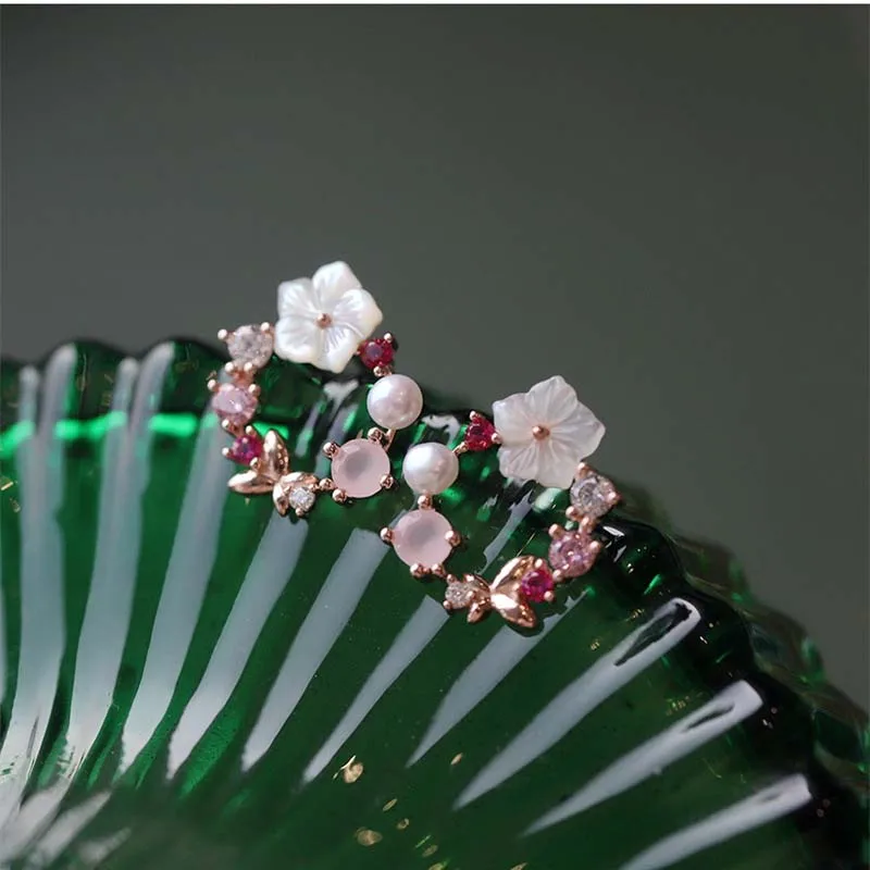 Y2k Pink Crystal Flower Pearl Butterfly Ear Studs Summer New Arrival Korean Fashion Luxury Hoop Earrings For Women Jewelry Gift image 5