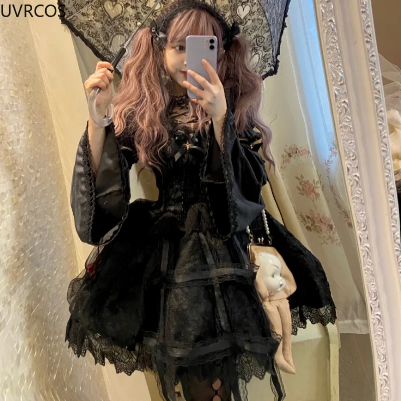 Japońskie wiktoriańskie sukienka Lolita damskie gotyckie koronki różowe dla księzniczek sukienki na ramiączka dziewczyny klasyczne Cosplay czarne sukienka na ramiączkach