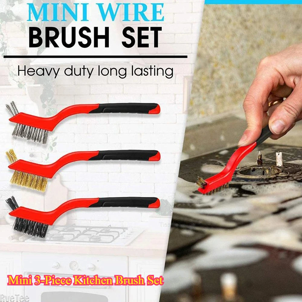 Mini 3-Piece Kitchen Brush Set - Steel Wire Cleaning Tools for Gas Hoods & Cooktop Grease Removal