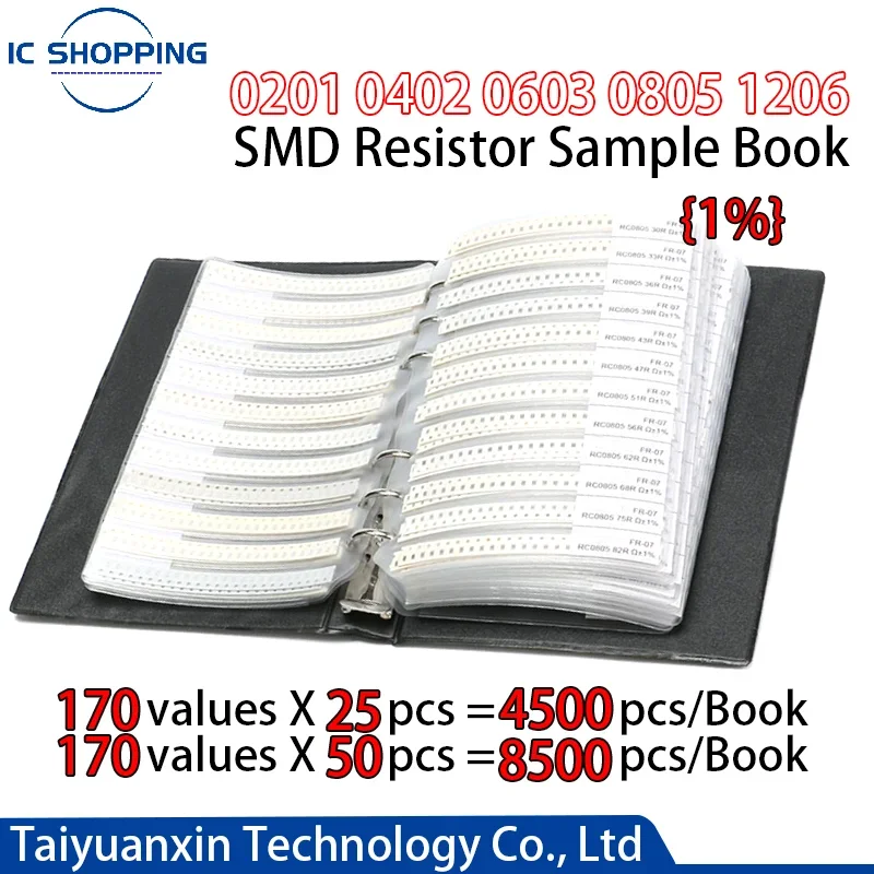 4250PCS 8500PCS 0201 0402 0603 0805 1206 SMD Resistor Book 1% Component Sample Book Assortment Kit 10K 100K 1K 1R 100R 220R