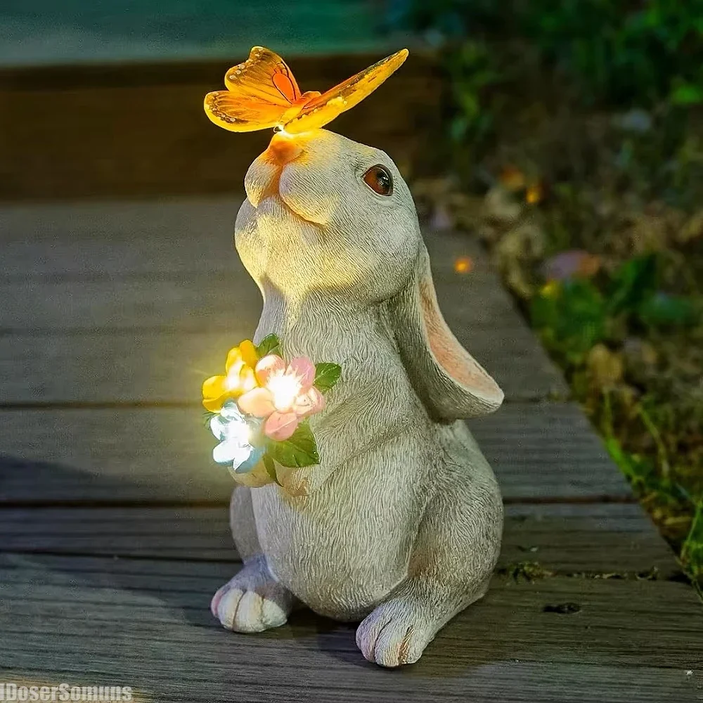 

Solar Bunny Statue Garden Decor with Butterfly LED Light Resin Animal Sculpture Figurine Outdoor Decoration for Garden Courtyard