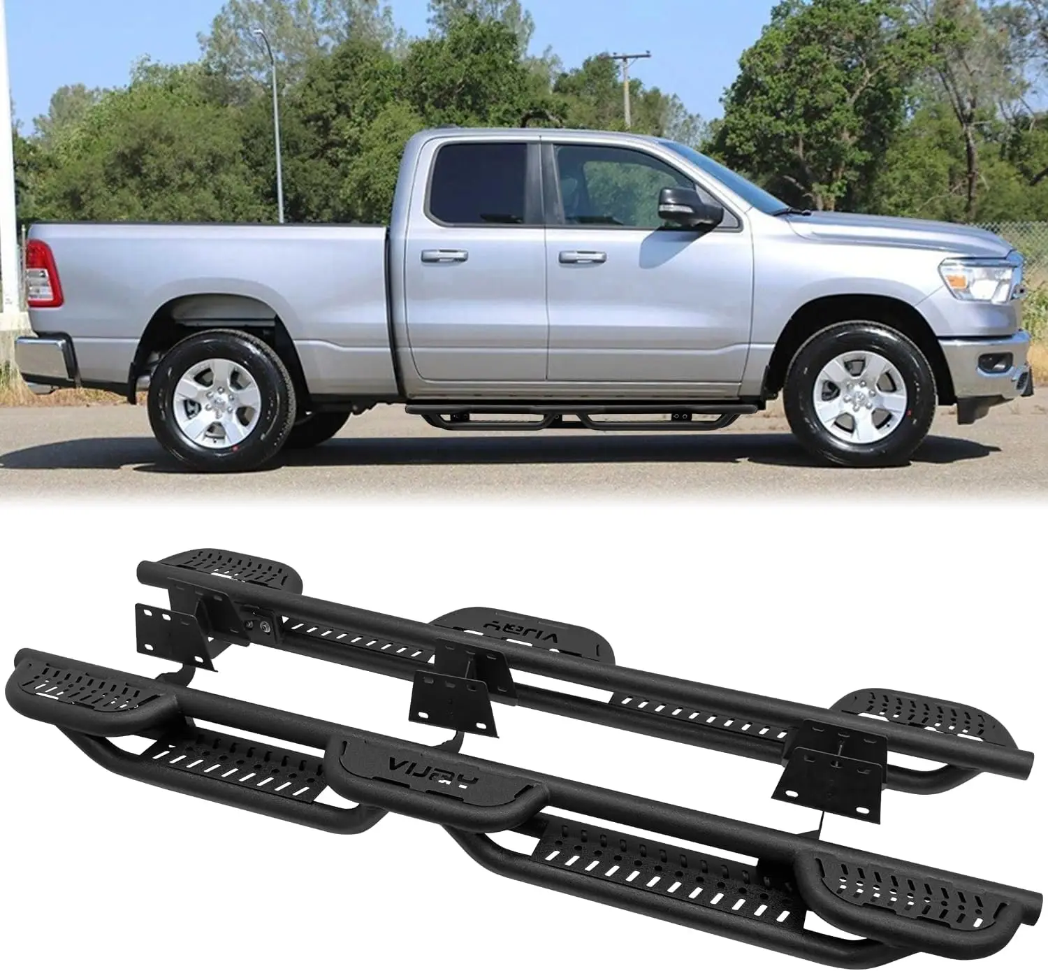 

Боковая подножка I Running Board, совместимая с Dodge Ram 1500 2019-2025 New Body Style Quad/Extended Cab, ароматчерная текстурированная сталь GrupoBlack