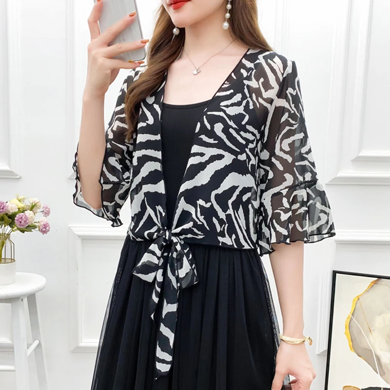 Fashion Zebra Print Chiffon Women\'s Sunscreen Shawl Summer Cardigan Thin Outer Jacket Blouses Neck Guard Cloak Sun Scarf R23