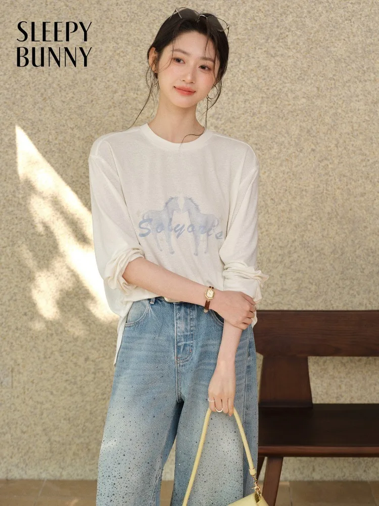 Women Pastel Pony Print T Shirt Spring Casual Versatile Loose Round Neck Top for Lady Fashion Comfortable Daily Wear Soft Blouse