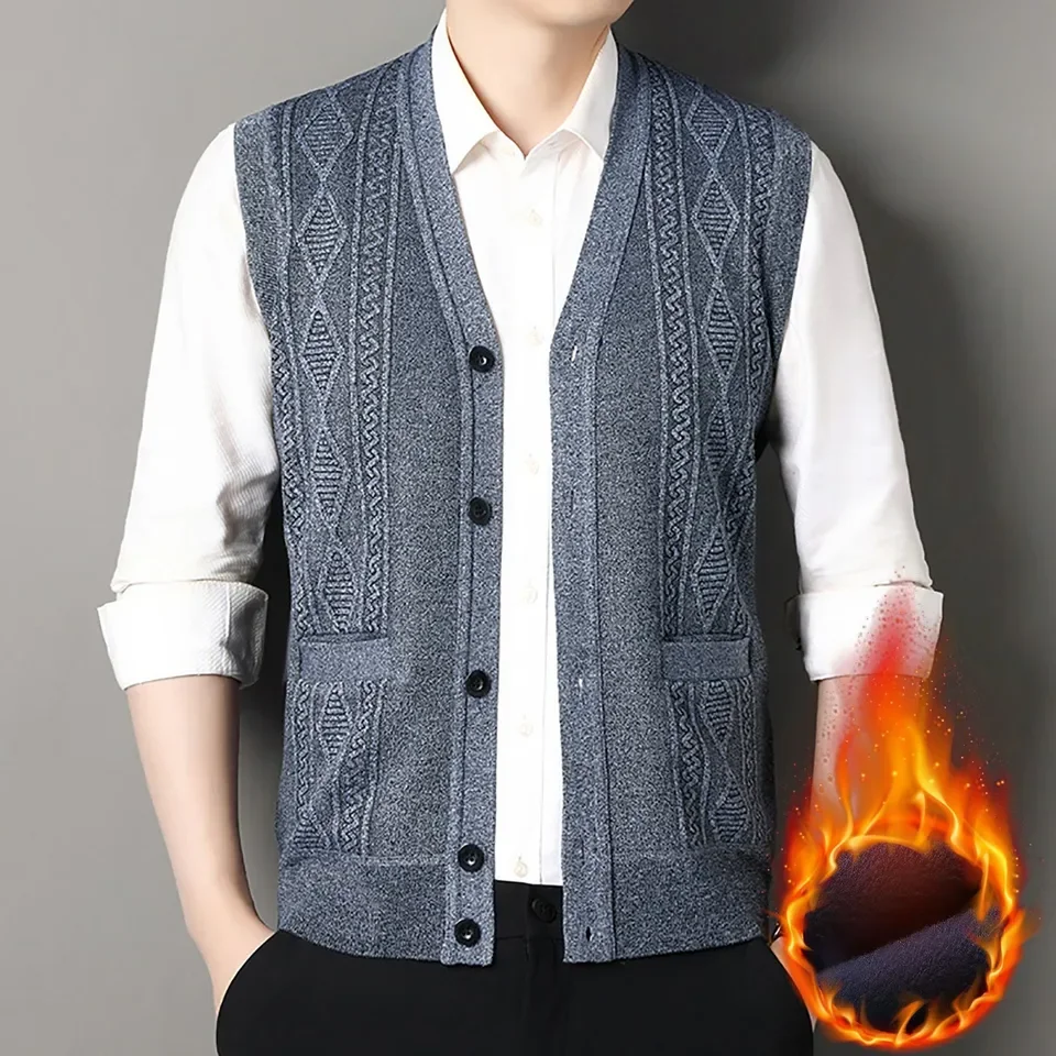 Men'S Solid Color Breathable Vest Shirt Men'S Plaid Knitted Cardigan Plus Velvet Men'S Loose Men Sweaters For Fall And Winter
