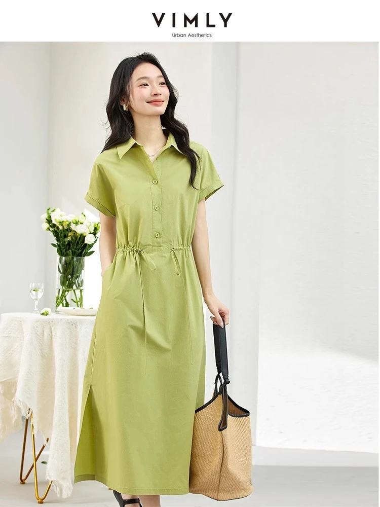 

VIMLY Matcha Green Long Polo Dress Casual Women's Summer 2025 100% Cotton Lace-up Drawstring Waist Straight Ladies Dresses A1810