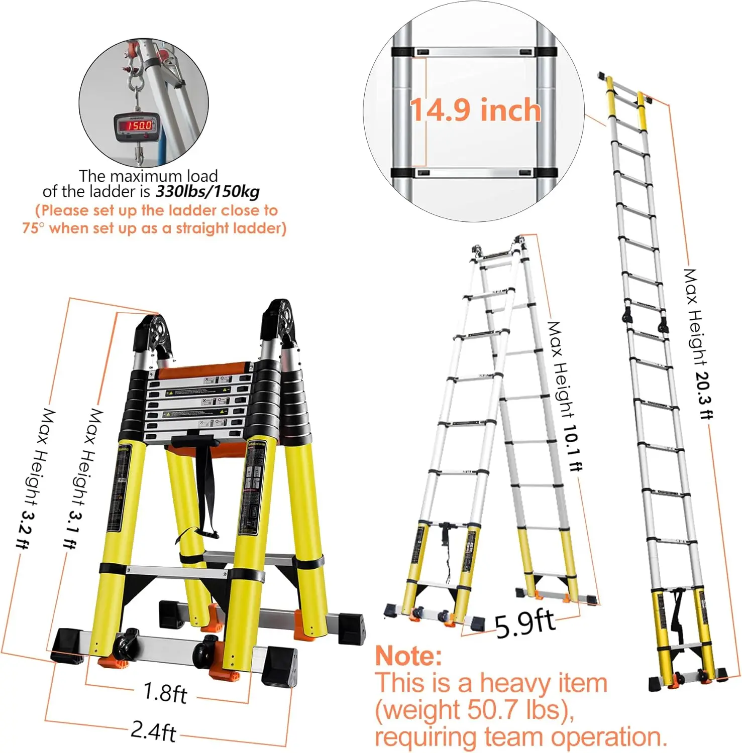 Telescoping Ladder w. Double Balance Bar/Wheels/Tools Bag, Type-A Collapsible Ladder Adjustable Extension Ladder 8+