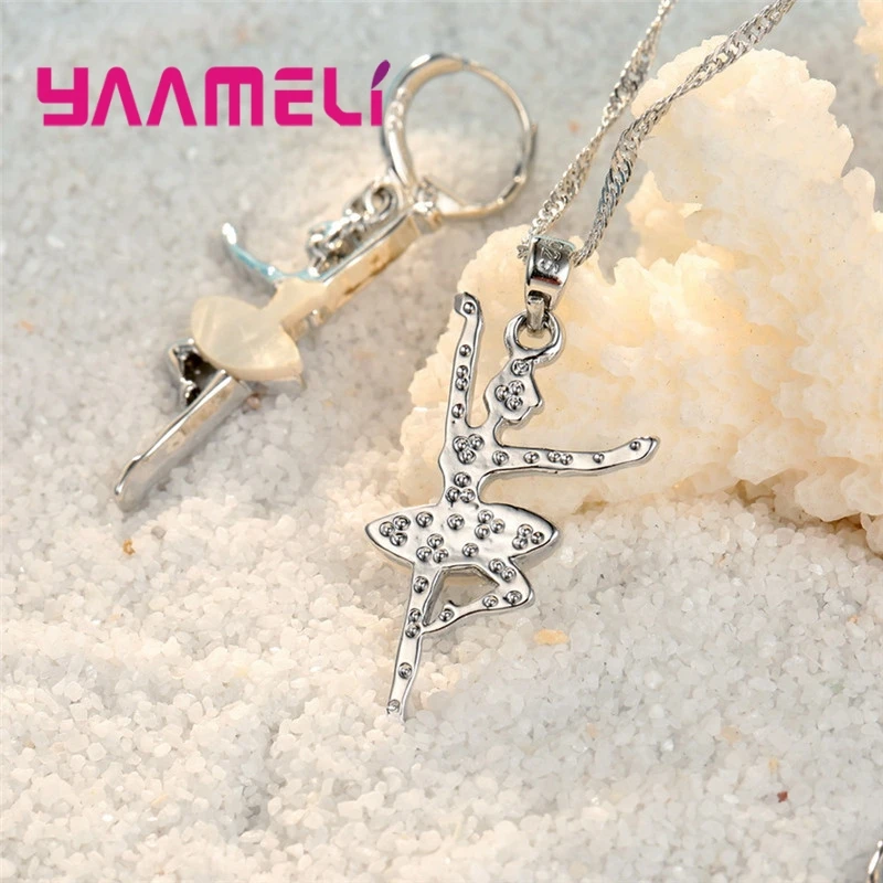 925 Sterling Silver Ballet Girls Pendants Necklaces Earrings Set For Girls Party Accessory Fashion Women Jewelry Sets