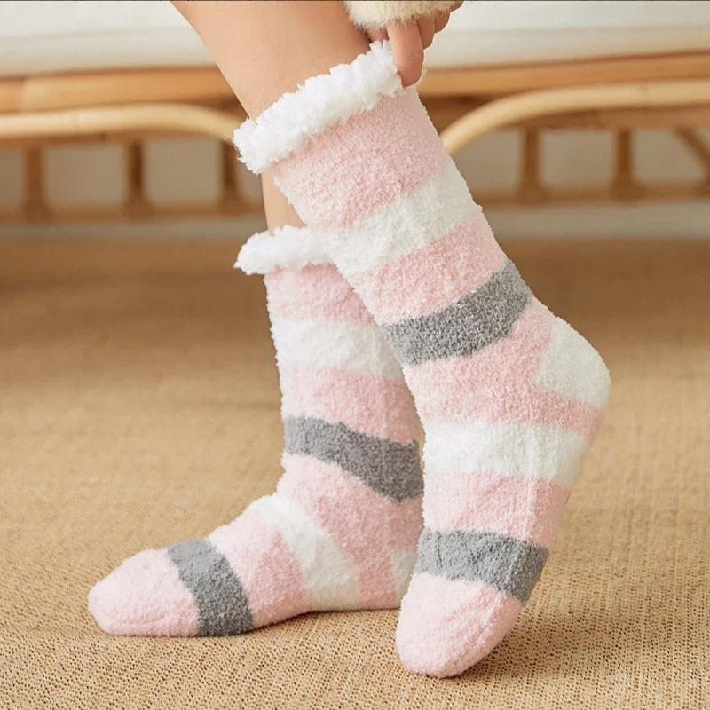 Plush Floor Socks Women Winter Warm Soft Coral Fleece Female Striped Comfy Bedroom Silicone Non Slip Thermal Slippers Sock Fuzzy