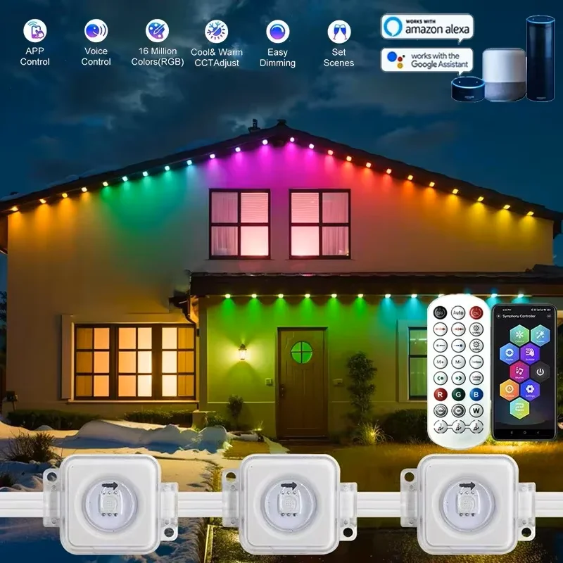 Beirais luzes inteligente wifi rgbic permanente diy música 30m decoração de natal ao ar livre festão luz led decorações de casamento