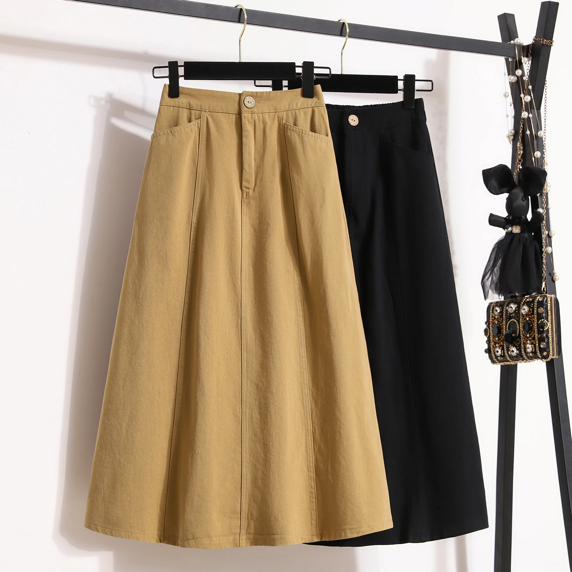 

Хлопковая джинсовая юбка-миди с завышенной талией, женская универсальная повседневная свободная юбка трапециевидной формы с высокой талией, средней длины, однотонная, весна 2023,