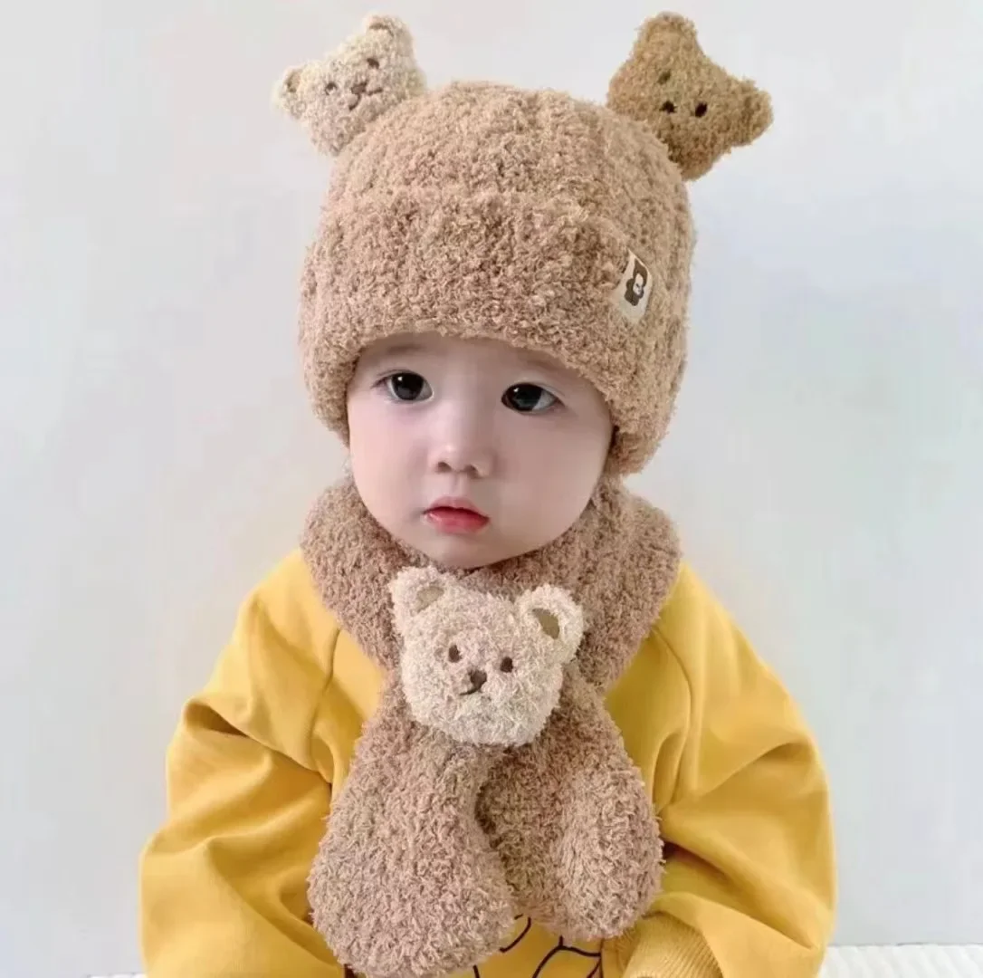 2pcs Cute Bear Winter Plush Children Scarf Hat Baby Ear Protection Cap Kids Boys Girls Outdoor Ski Windproof Beanies Neck Snood