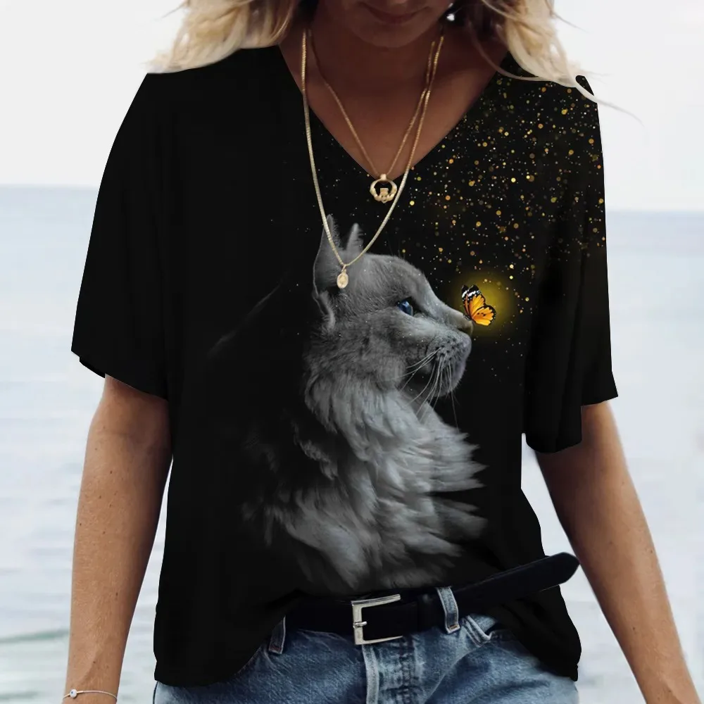 Camiseta a la moda para mujer, camisetas Harajuku de manga corta con estampado de gato para mujer, camisetas de gran tamaño con cuello en V, ropa de mujer de animales