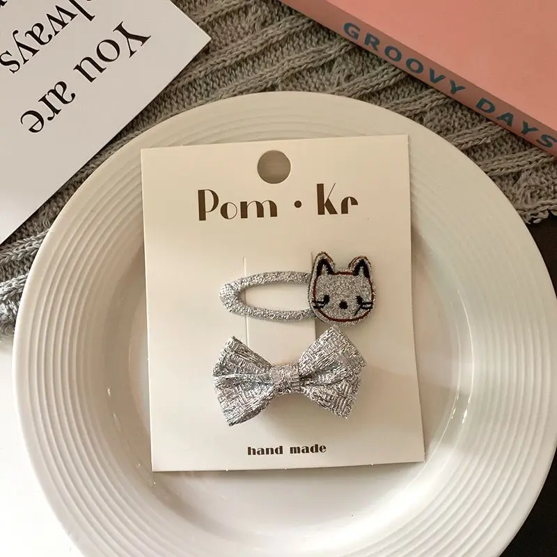 2pc Korea Fashion Glitter Silver Color Baby Hair Clips Bowknot Hair Pins Kids Hairpins Sequin BB Barrettes for Girls Headwear