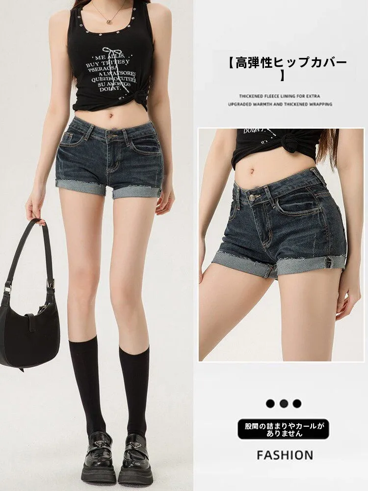 American Style Cuffed Denim Shorts Women Summer New Hip Enhancing Low Waist Elastic Slim Fit A-Line Wrap around Hot Pants