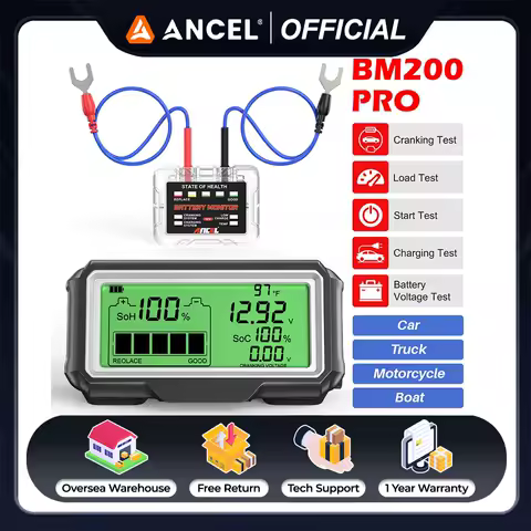 ANCEL BM200 PRO LED Battery Tester Monitor Display Battery Health SOH SOC Tester Analyzer Charging Tester Tools for 12V Battery