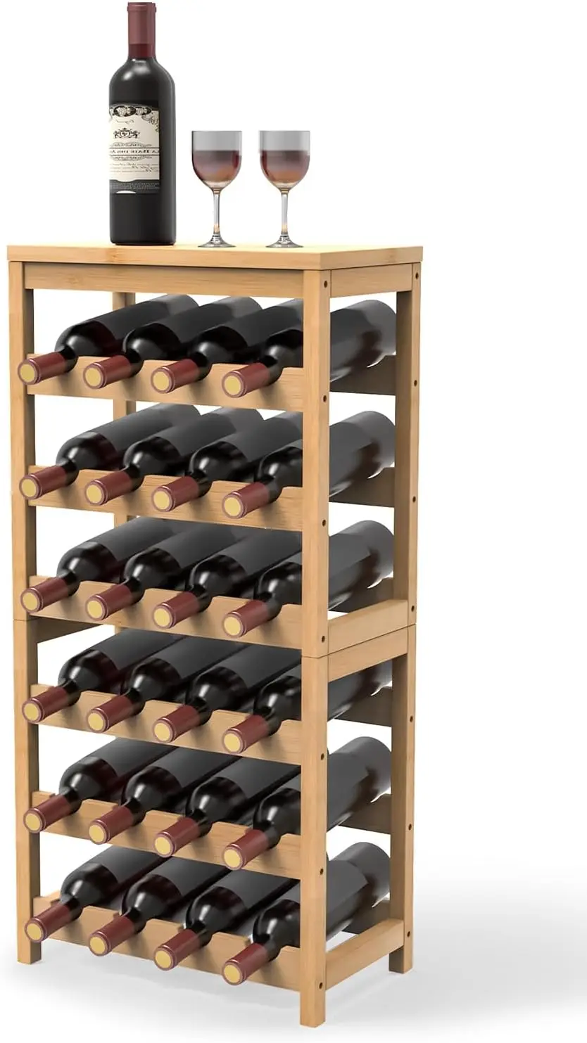 

6-Tier Bamboo Wine Rack Holds 24 Bottles, Freestanding Floor Shelf with Table Top for Kitchen Bar Cellar