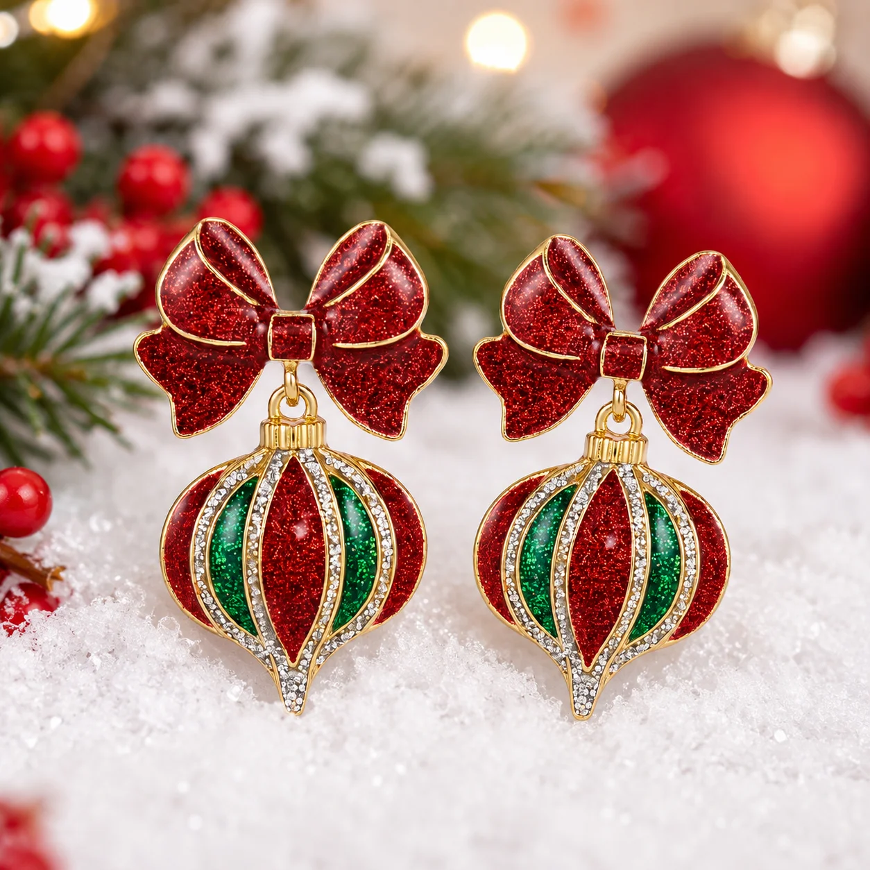 Festive Christmas Bow Ornament Drop Earrings for Women Glitter Red Green Holiday Party Jewelry Cute Gift Accessories Statement