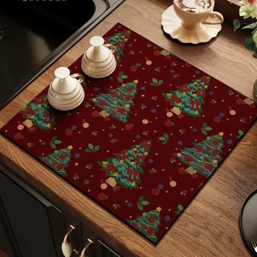 Retro Christmas Tree Mat Absorbent Coffee Maker Pad Non-Slip Rubber Holiday Pine Berry Dish Drying Placemat