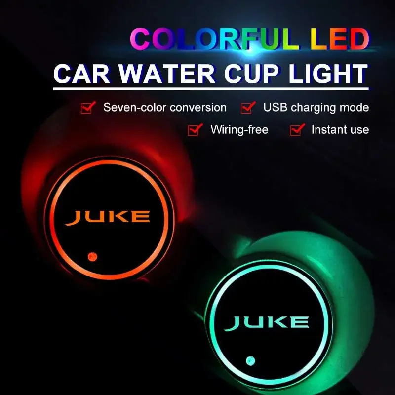 7 Colors Car Water Coaster Drinks Holder Decoration For Nissan Juke Logo Luminous Auto Cup Mat Pad LED Atmosphere Light Styling