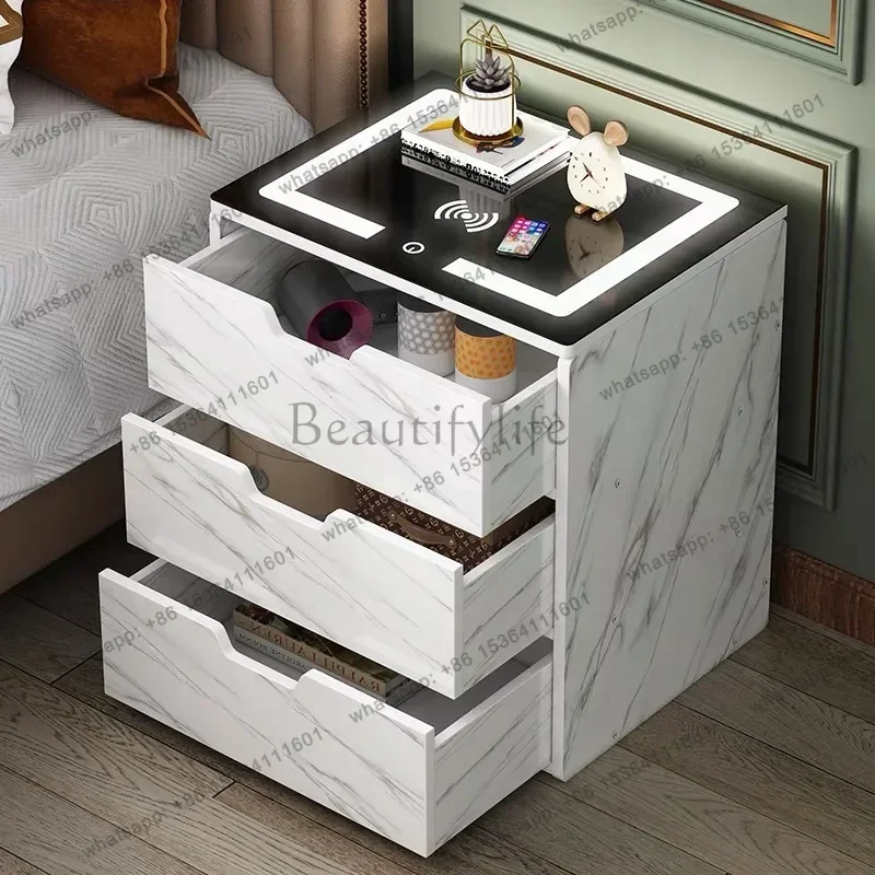 LJY Modern Luxury Smart Nightstand with Wireless Charging LED Light Multi-layer Shelf  Drawers Multi-function Bedroom Furniture