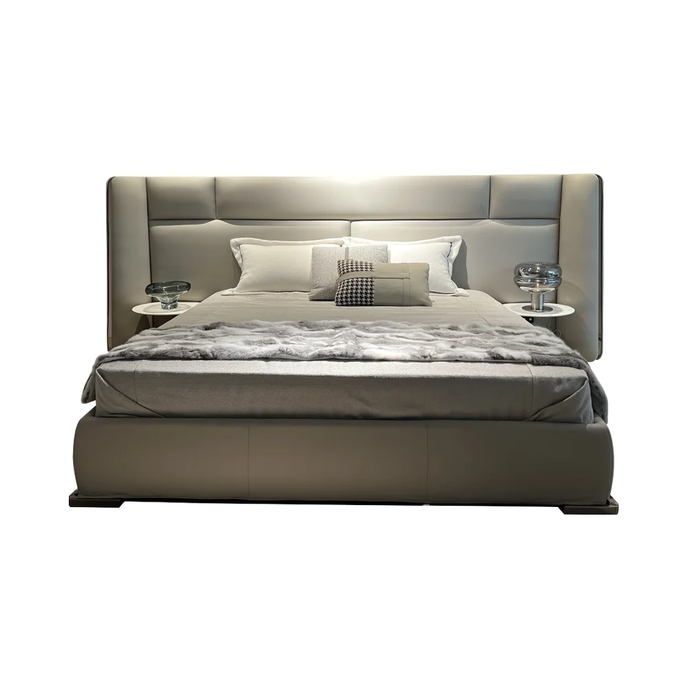 #w Light Luxury Bedroom Set Furniture High Box Bed Wood Bed Modern Minimalist 1.5m 1.8m Bed