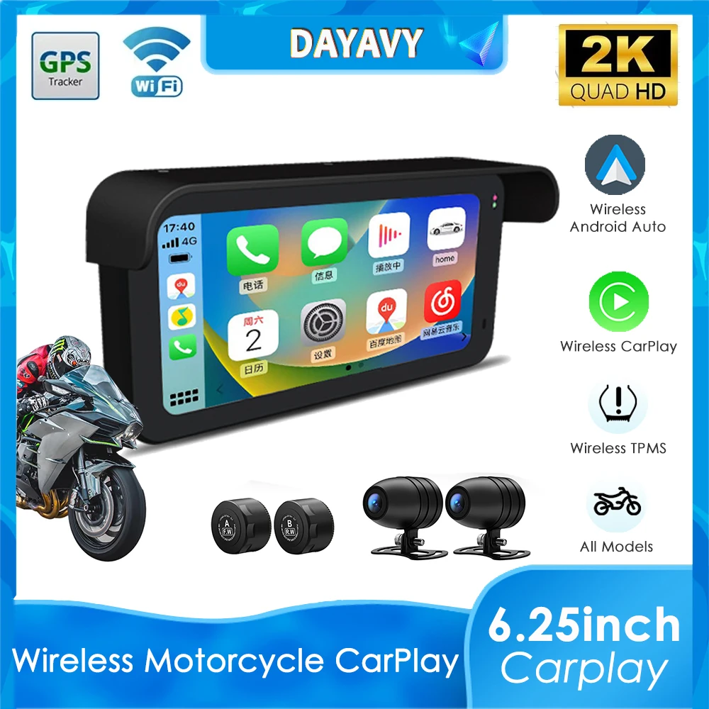 2024 Motorcycle Carplay Drive Recorder 2K 6.25 Inch Waterproof Dual BT GPS TPMS WIFI Navigation Wireless DVR Camera