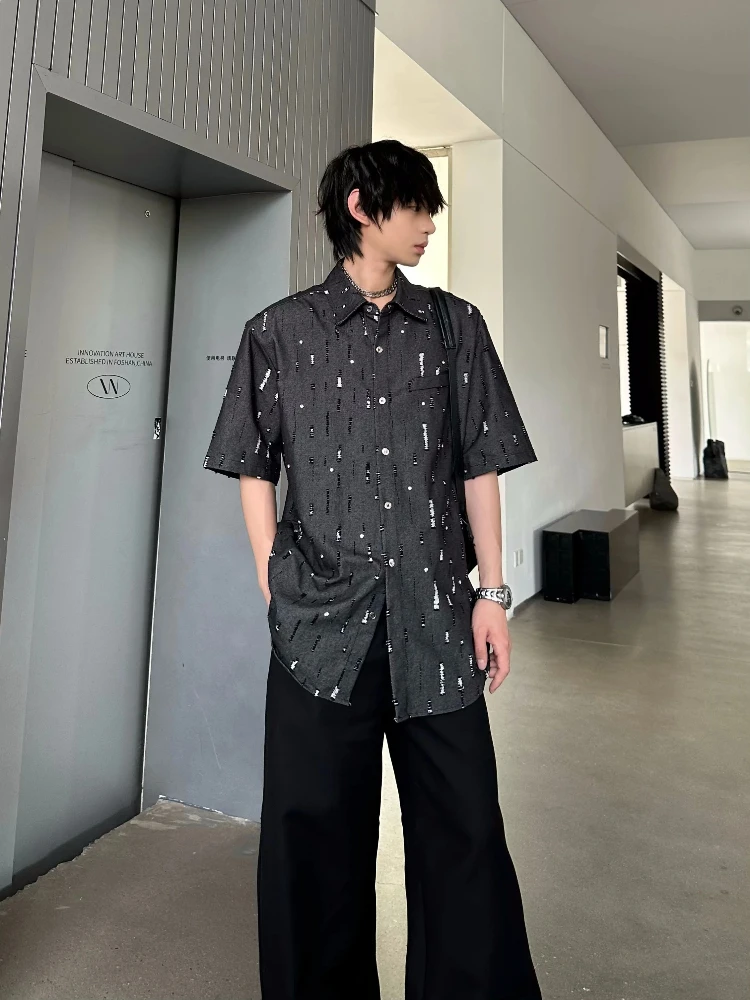 Fashion Heavy Sequin Versatile Casual Loose Short Sleeve Top 2025 New Design Trendy Retro Denim Shirt for Men