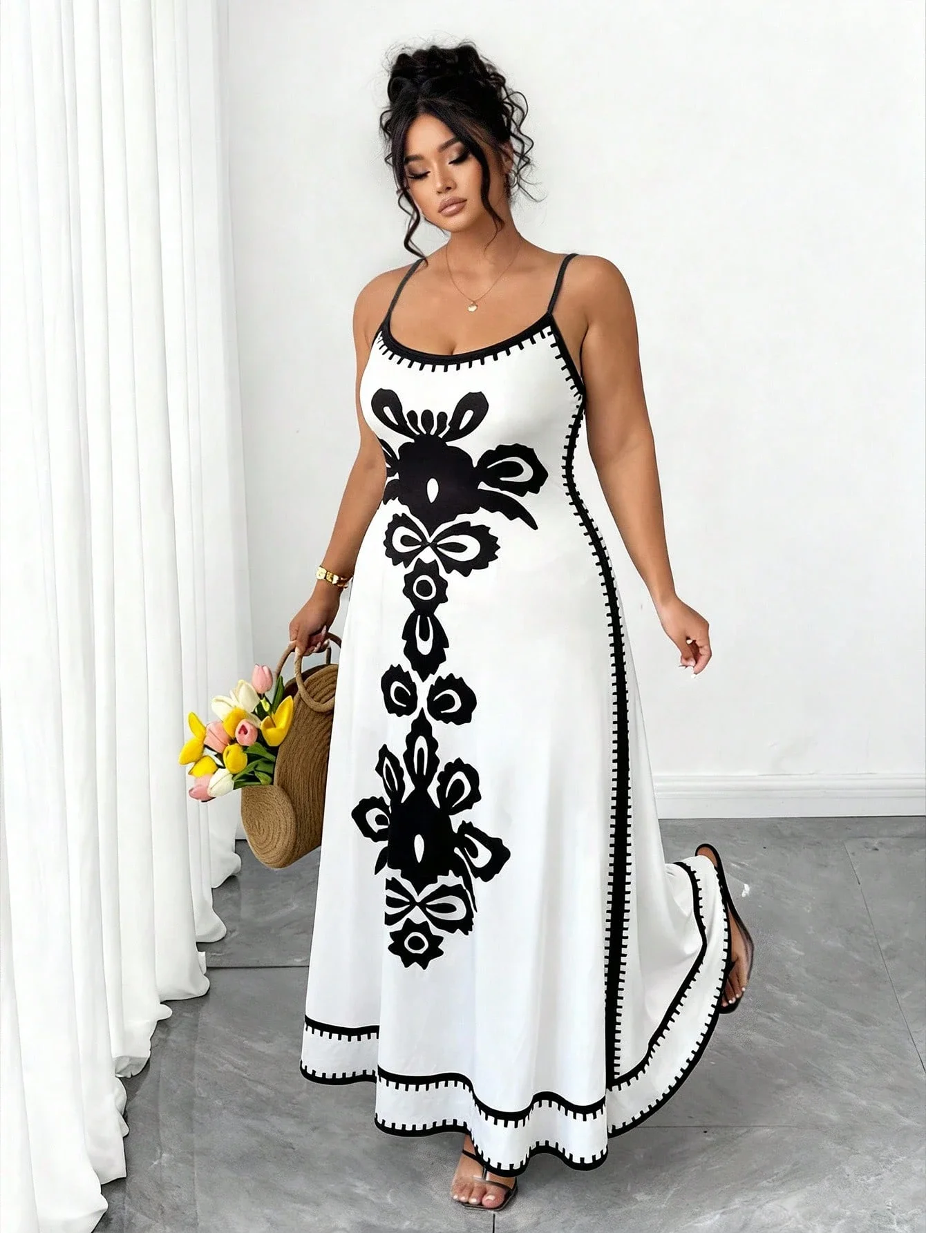 

Элегантное женское платье макси больших размеров с цветочным принтом и тонкими бретелями, повседневное пляжное летнее платье